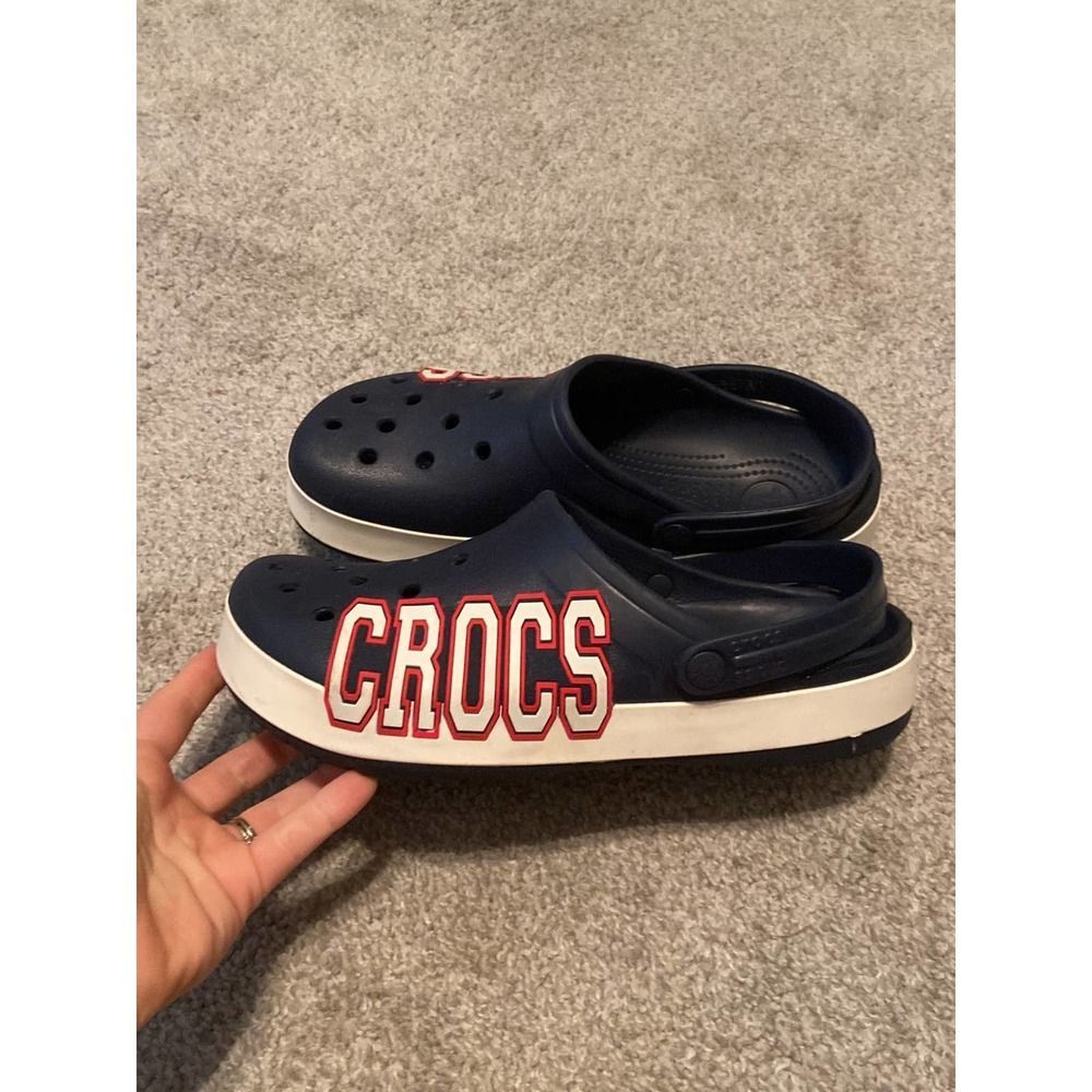 Crocs Bayaband Clogs Mens 9  W 11 Navy Blue White‎ Red Logo Sporty Slip On Shoes
